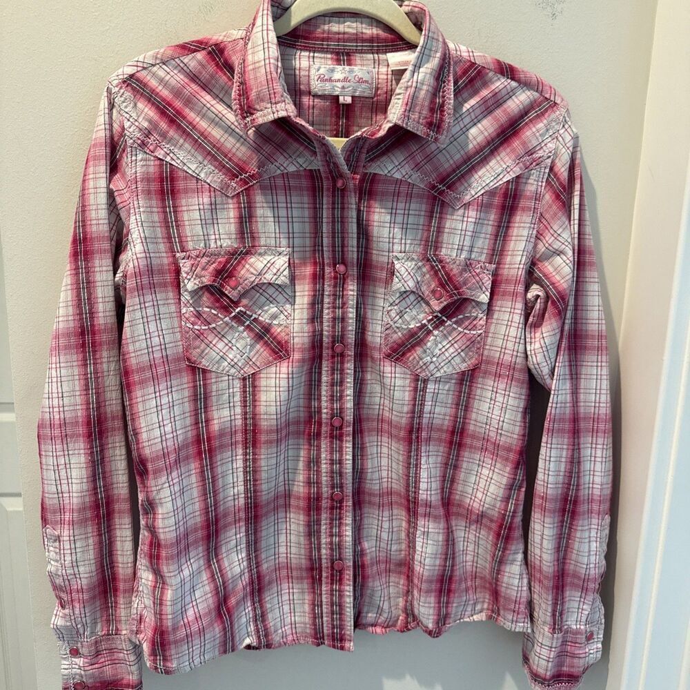 Panhandle Slim Pearl Snap Pink Plaid Cowgirl Western Long Sleeve Size Large